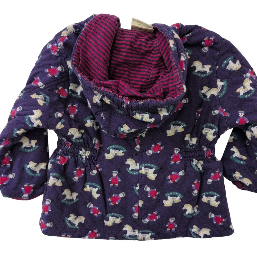 Vintage Laura Ashley Child Quilted Jacket Purple‎ Rocking Horse Girls Hood 2-2.5